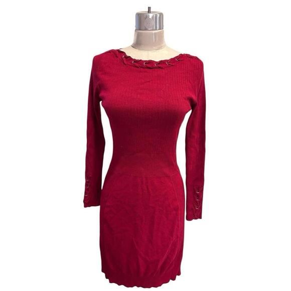 Cache Dresses & Skirts - CACHE Wine Red Knit Bodycon Midi Sweater Dress Medium Lacing Vintage 90s Y2K